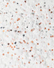 Knot and Bow copper metallic and white confetti mix scattered over a white background.