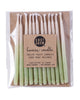 Package of 12 hand-dipped mint green color beeswax birthday candles with ombré effect