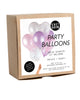 Kraft paper box package of 12 party balloons in a mix of mermaid teal and metallic colors