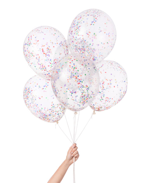 Bunch of clear balloons filled with tiny rainbow confetti squares