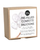 kraft box package of six clear balloons pre-filled with white and metallic gold and silver confetti
