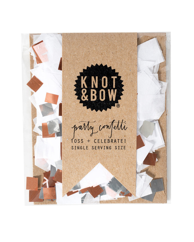 Single serving size of party confetti in a mix of white and copper metallic.