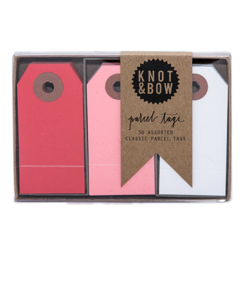Package of 30 paper parcel gift tags in a trio of red colors