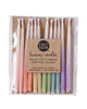 Package of 12 hand-dipped assorted color beeswax birthday candles with ombré effect