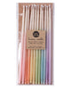 Package of 12 tall hand-dipped beeswax birthday candles with ombré effect in assorted colors