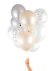 Bunch of party balloons in a mix of blush and metallic colors and clear balloons filled with metallic copper confetti