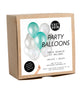 Kraft paper box package of 12 party balloons in a mix of mermaid teal and metallic colors
