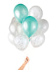 Bunch of party balloons in a mix of mermaid teal and metallic colors and clear balloons filled with iridescent confetti