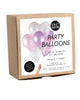 Kraft paper box package of 12 party balloons in a mix of pearl effect pink and purple unicorn colors