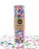 Confetti bomb tube of 1 ounce of party confetti in tiny rainbow squares.