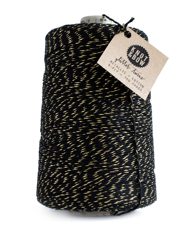 Jumbo cone with 750 yards of glitter twine in black cotton with a twist of metallic gold