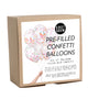 kraft box package of six clear balloons pre-filled with assorted confetti