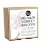 kraft box package of six clear balloons pre-filled with large rectangular confetti in neon colors