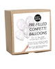 kraft box package of six clear balloons pre-filled with white and metallic gold and silver confetti 