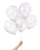 Bunch of clear balloons filled with white and metallic gold and silver confetti