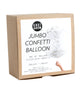 Kraft box packaging for jumbo balloon filled with a mix of white and gold metallic confetti.