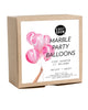 Kraft box packaging of pink marble party balloons.