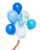 Bunch of party balloons in a mix of blue colors and clear balloons filled with blue confetti