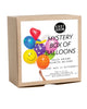 Kraft paper box package of 12 party balloons in a mystery mix of patterns, colors, and shapes