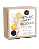 Kraft paper box package of 12 party balloons in a mix of silver and gold metallic colors