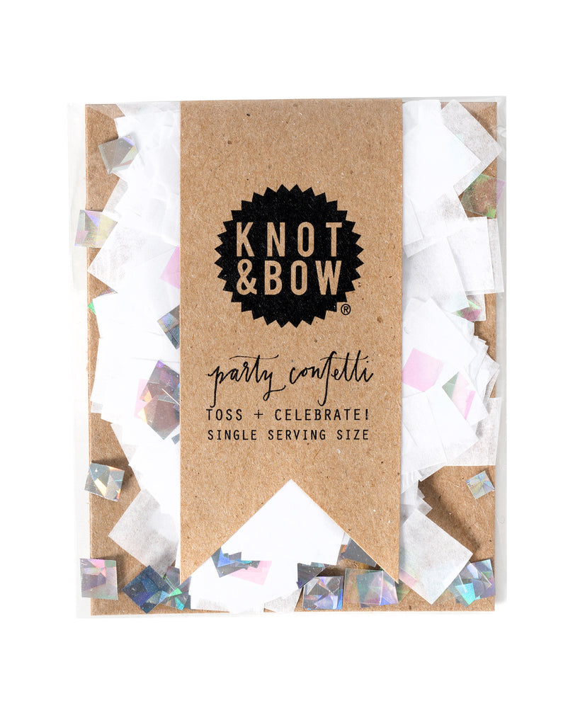 Single serving size of party confetti in a mix of white and iridescent.